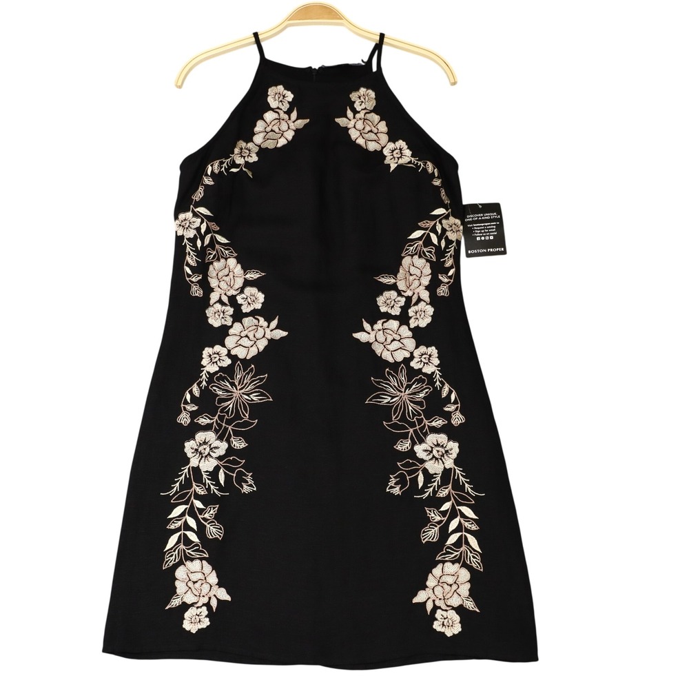 Boston Proper Linen Blend Embroidered Halter Sheath Dress 2 Black Floral Neutral